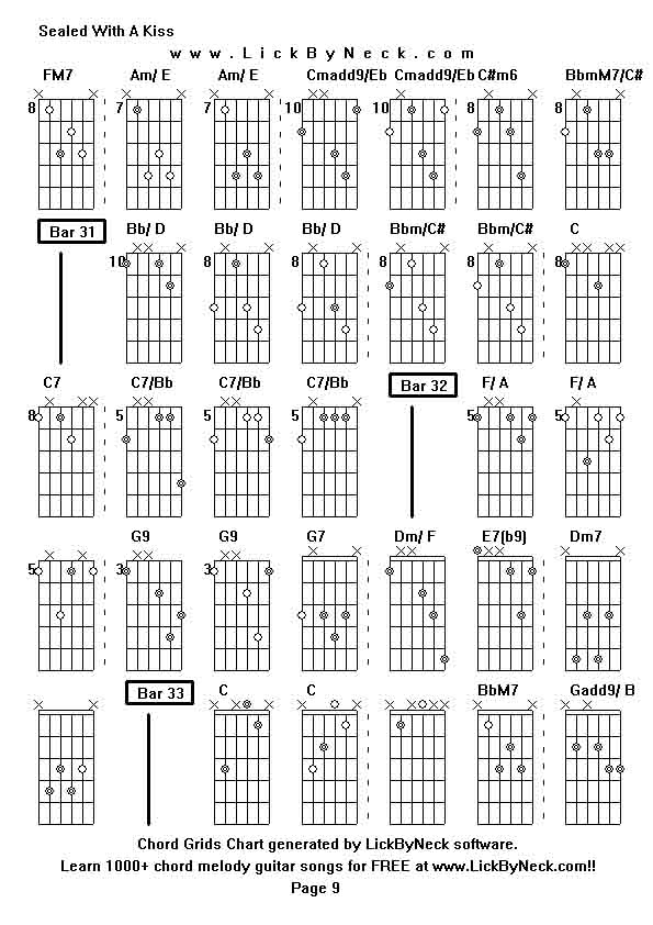 Chord Grids Chart of chord melody fingerstyle guitar song-Sealed With A Kiss,generated by LickByNeck software.